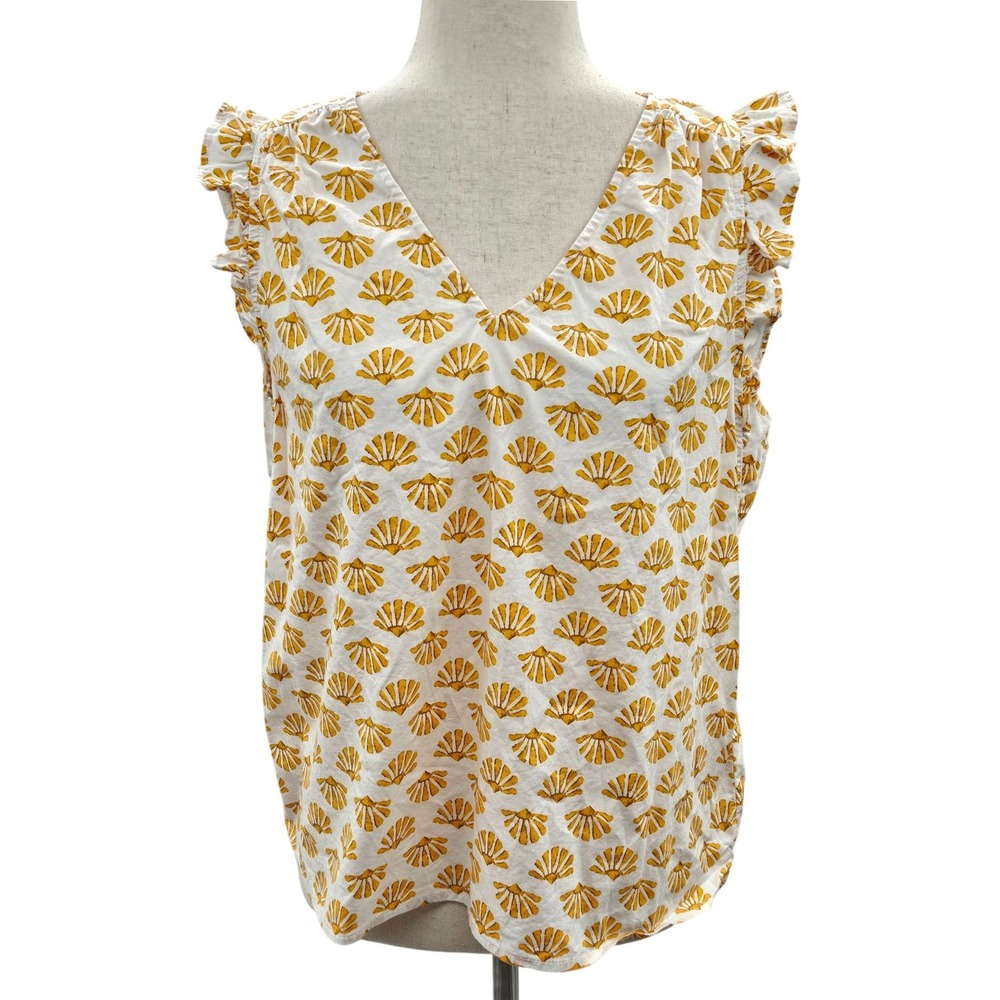 J.Crew Factory Womens Yellow White Print Ruffle V-Neck Sleeveless Top Size M